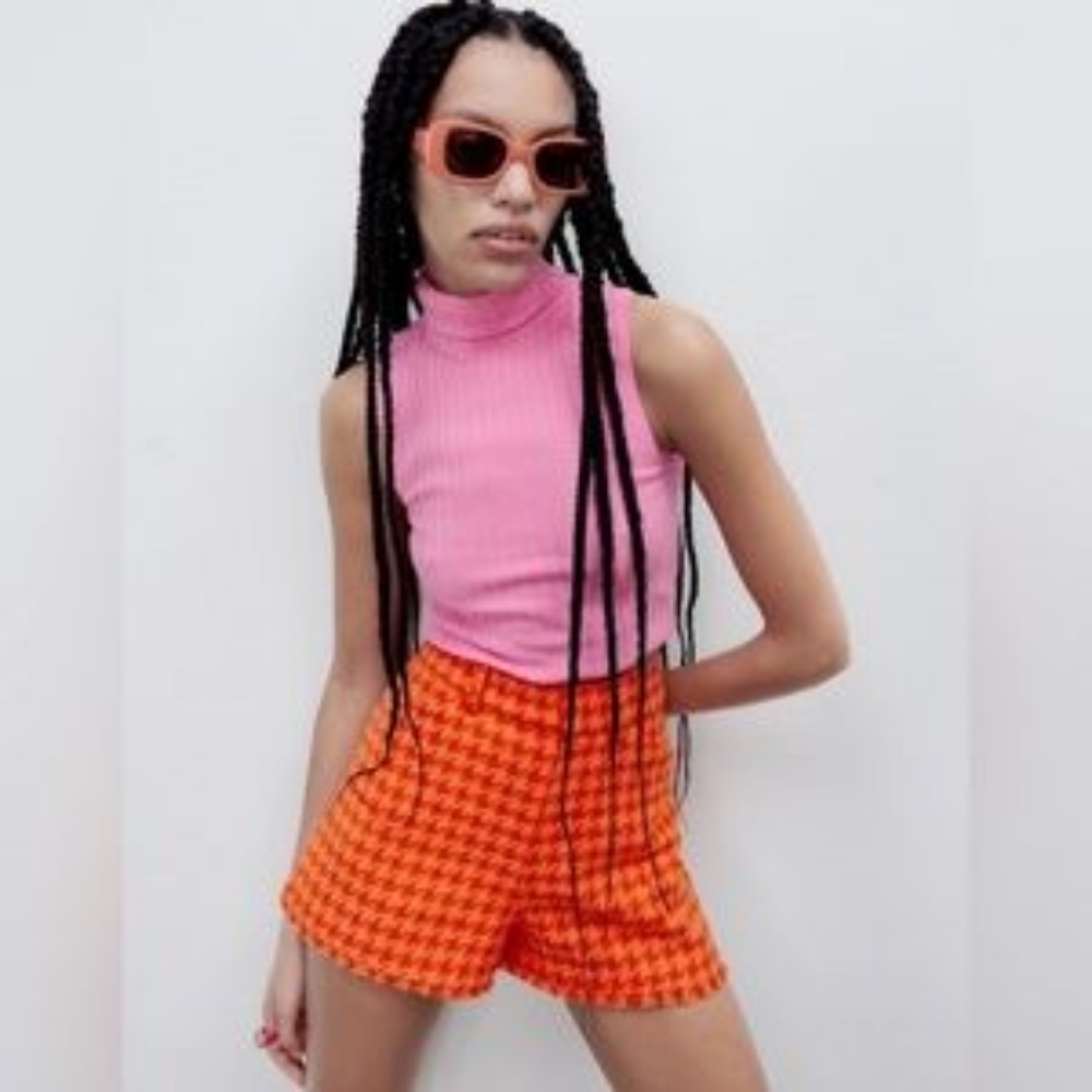 Zara Houndstooth Shorts Orange High Waisted Tailored Size M NWT